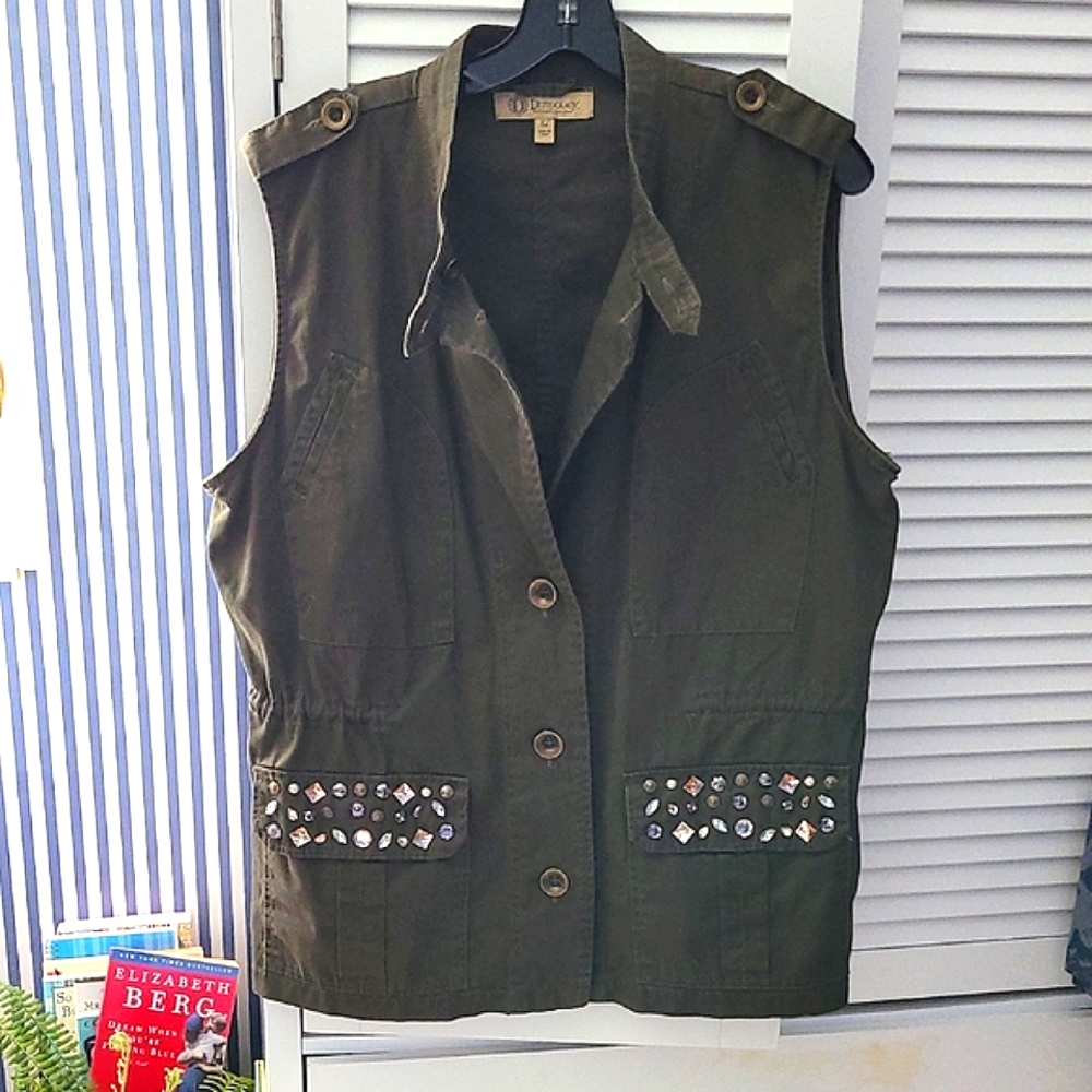 Democracy Brown/Green Military-Inspired Vest with Metal & Stone Accents XL
